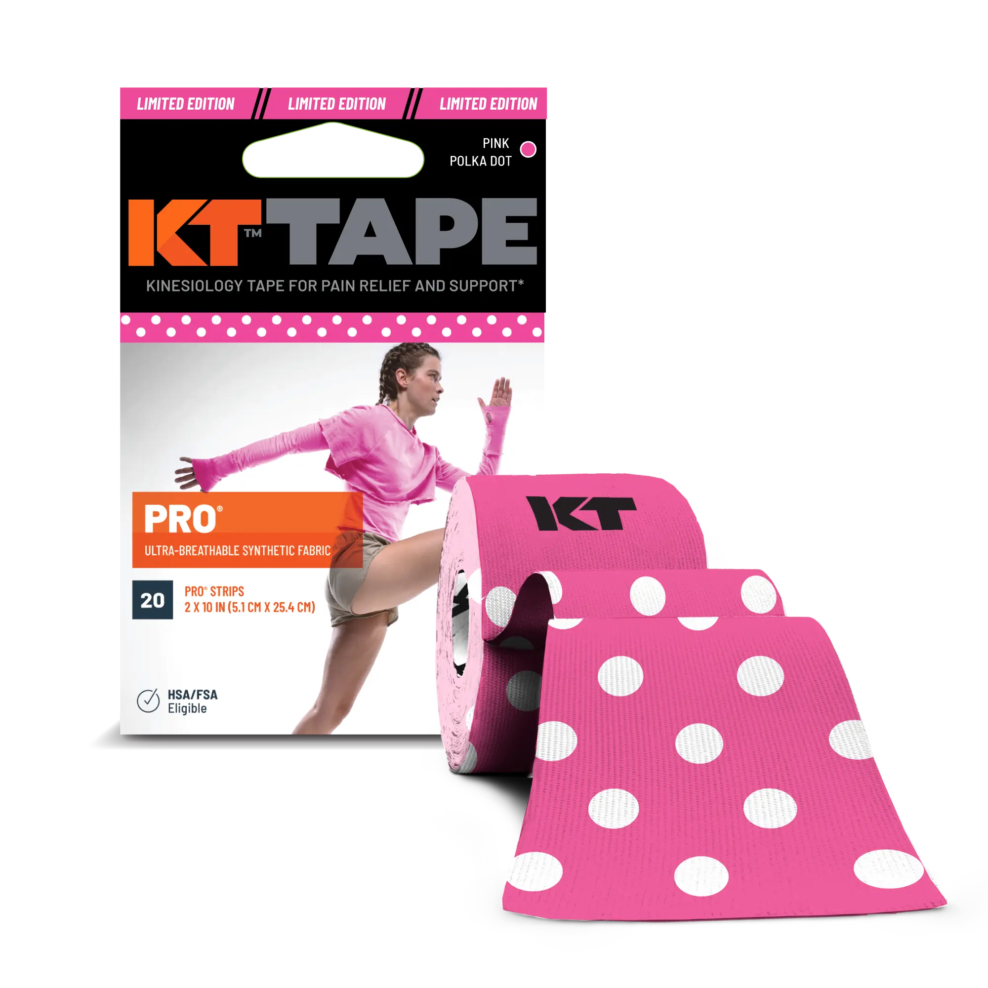 KT Tape Pro synthetic water-resistant kinesiology tape in Pink Polka Dot – 20 precut strips for muscle support and pain relief#color_pink-polka-dot
